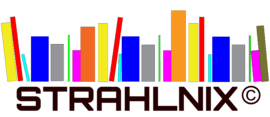 Das Strahlnix Logo zeigt farbige Bücher, welche verschiedene Größen haben. Unter den Büchern ist ein Schriftzug "STRAHLNIX"